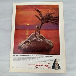 Smirnoff Vodka Desert Island Sunset Woman Tropical Art Vintage Print Ad 1964
